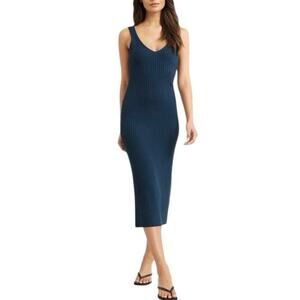 Modern Citizen Yuna Ribbed V-neck Bodycon Midi Cami Dress Teal Blue Size Small